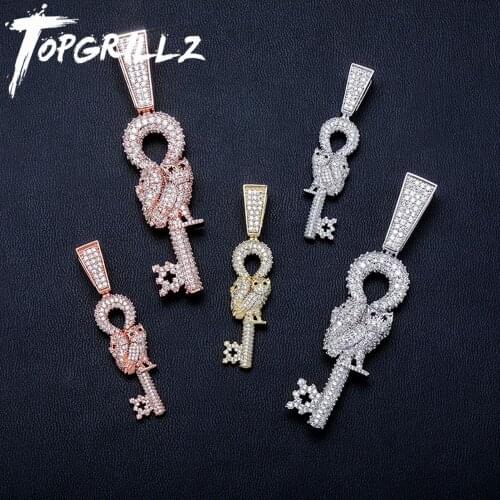 TOPGRILLZ Large and Small Size Owl Key Pendant Necklace Iced Full Micro Pave Cubic Zirconia Hip Hop Fashion Jewelry For Women