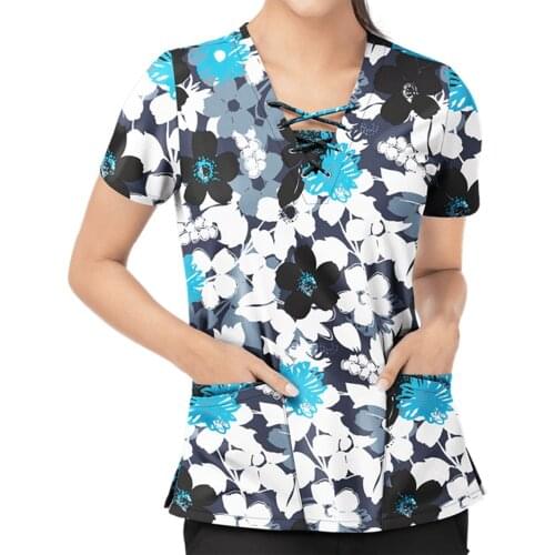 Women Blouse Short Sleeve V-neck Flower Pattern Female Tops Summer Breathable Nursing Pet Working Uniform T-shirts Blusas Mujer