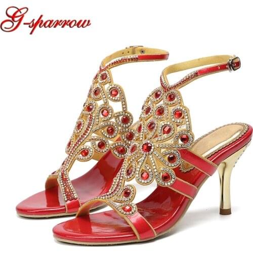 Stiletto Heel Women Summer Sandals Open Toe 8cm High Heels Rhinestone Birthday Party Shoes Wedding Party Sandals Red Purple