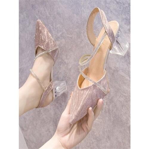 Ladies casual sandals summer new style high-heeled rhinestone pointed toe solid color sexy temperament single shoes