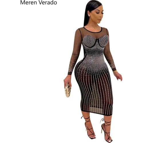 Meren Verado Plus Size Mesh Perspective Full Sleeve Midi Bodycon Dress Women Sexy Diamonds Club Party Dresses Pencil Vestidos