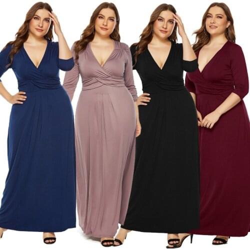 Women Dress Plus Size L-3XL High Stretch Folds Elegant Office Lady Dress Casual Deep V-neck Slim Summer Evening Party Maxi Dress