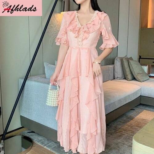 Mesh Dress Female Summer Ruffled Patchwork Fairy Dress Pink Sexy Short Sleeve V-Neck Lace Ankle-Length Party Vestidos Dress