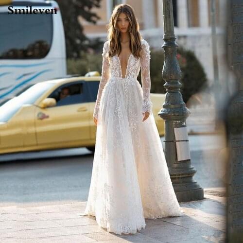 Smileven Luxurious Lace Wedding Dresses Sexy V Neck A Line Princess Bride Dresses Flare Sleeve Wedding Gowns Vestido De noiva
