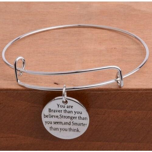 Bespmosp 12PC/Lot Wholesale Original Inspirational Word You Are Braver Than You Believe Pendant Adjustable Bangle Bracelet Charm