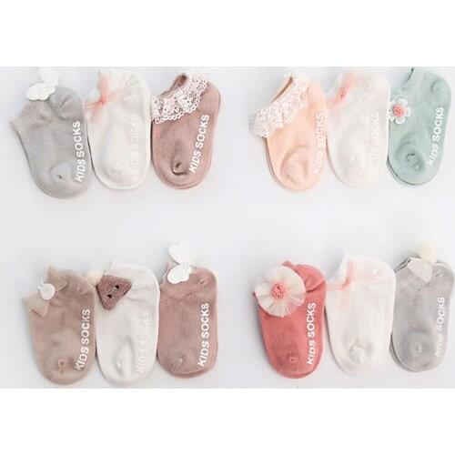 3 Pairs/Pack Newborn Cotton Ankle Socks Toddler Anti-slip Floor Sock Baby Girls 3D Ruffled Bowknot Flower Socks Princess