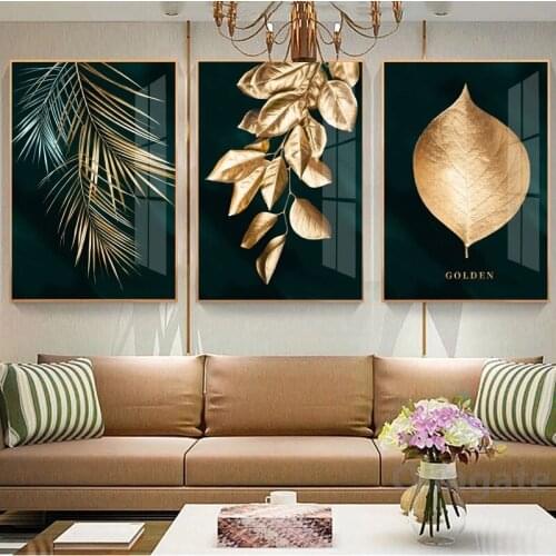 Golden Plant Leaf Abstract Canvas Painting Nordic Poster Black White Print Minimalist Wall Art Picture Modern House Decor Gift