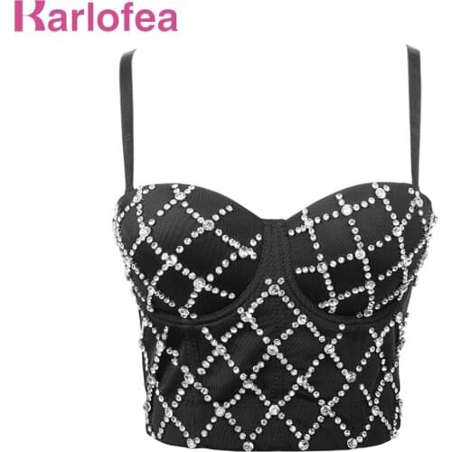 Karlofea Gorgeous Rhinestone Diamond Bra Tops Sexy Padded Bustier Camis Female Club Party Midnight Outfits Fashion Basic Tops