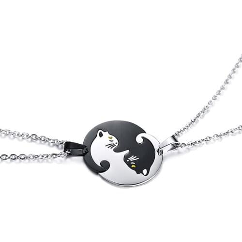 Friendship Jewelry Couples Gifts Set of 2 Yin Yang Cat Pendants Necklace in Stainless Steel Interlocking Like a Puzzle