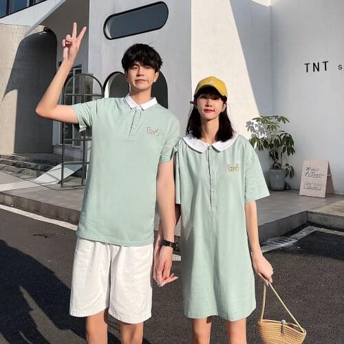 Lovers short sleeves T shirt casual Korean version long loose lovely print dress couples clothes couples clothing