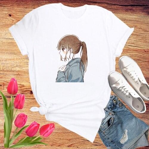 Cartoon Back of Sweet Girls Long Hair Sexy Anime Fashion T Shirts Coffee Milk Tea Drink Graphic Female Printing Cloth Women Tees