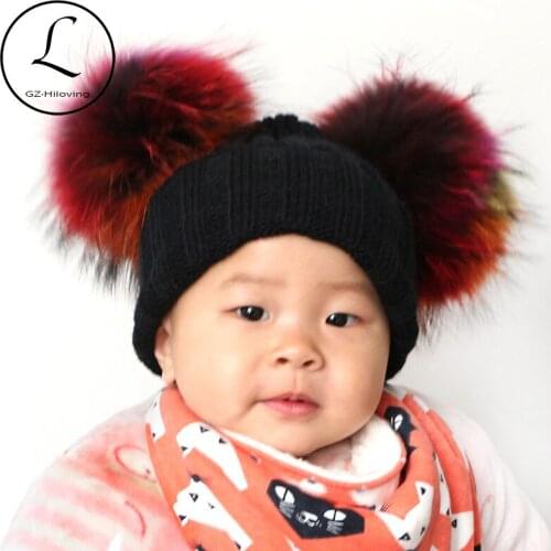 GZHILOVINGL 2017 New Kids Children Boys Girls Toddler Winter Crocheted Striped Knitted Beanie Kids Hat With 2 Real Fur PomPom