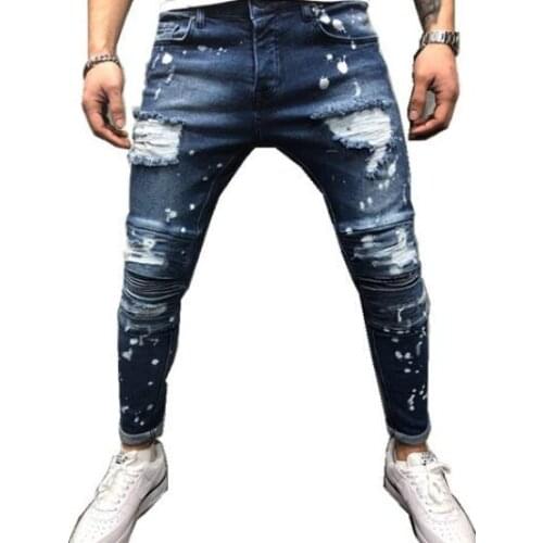 Hip Hop Ripped Biker Jeans Ink Print Knee Pleated Shabby Motorcycle Streetwear Male Denim Pants