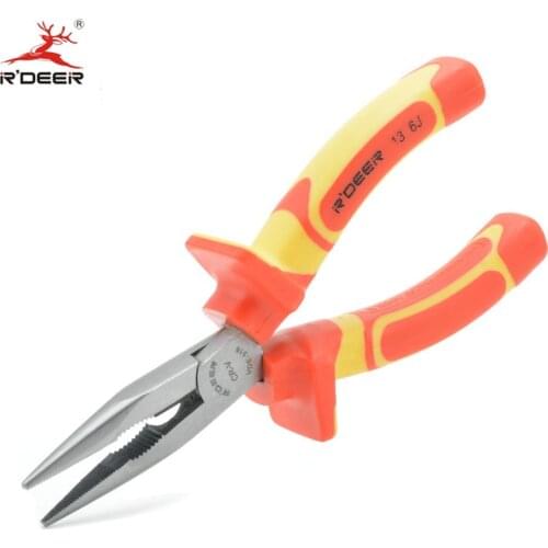 RDEER Insulated Long Nose Pliers 1000V High Voltage 6''/150mm CR-V With TPE Handle For Stripping Wire Repair Hand Tools