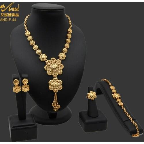 Luxury Nigerian Jewelry Set For Women Wedding Dubai 24K Gold Plated Necklace Earrings Bracelet Ring Set Flower Design Ethiopian