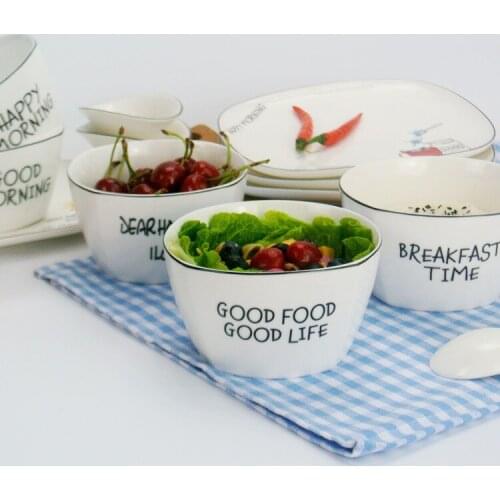 Nordic Creative Ceramic Bowl Japanese Morning Breakfast Oatmeal Bowl Fruit Salad Bowl Black Edge Ceramic Bowl Rice Bowl