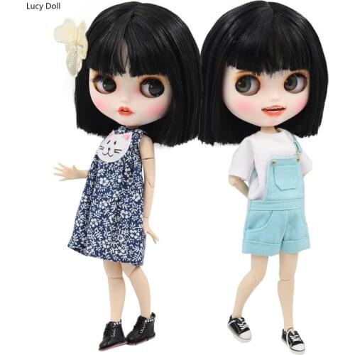 ICY Factory Blythee Doll 1/6 Bjd Customized Face White Skin Joint Body Short Black Hair, New Matte Face With Teeth 30cm BL117