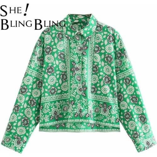 SheBlingBling Green Printed Summer Loose Shirts Chic Turn Down Collar Drop Shoulder Women Casual Beach Wear High Low Tops Female