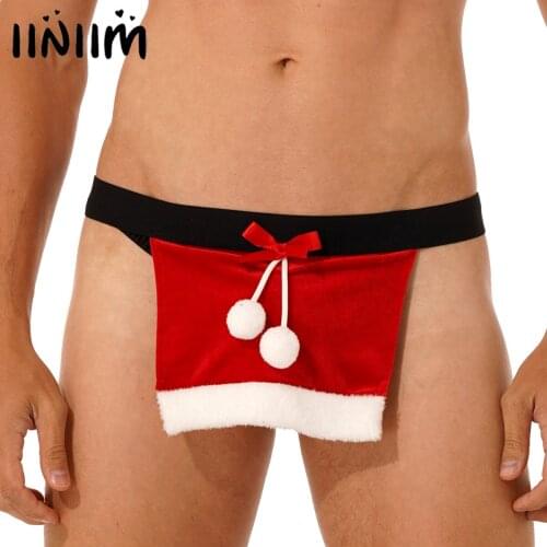 Mens Panties Christmas Red Velvet Loin Cloth Low Waist Elastic Waistband Skirted Open Butt T-back Thongs Role Play Costumes
