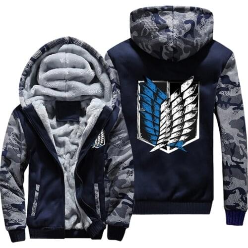 Men Winter Camouflage Hoodies Attack on Titan Print Casual Hooded Warm Sweatshirts Thick Fleece Jacket S-5XL