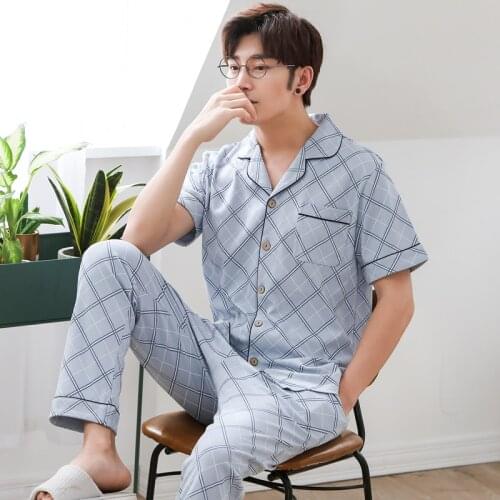 Men Pajama Set Nightwear 2021 Summer Cotton Short-sleeve Male Sleepwear Sets Plaid Prints Pyjamas Sets Thin Pajamas Casual home