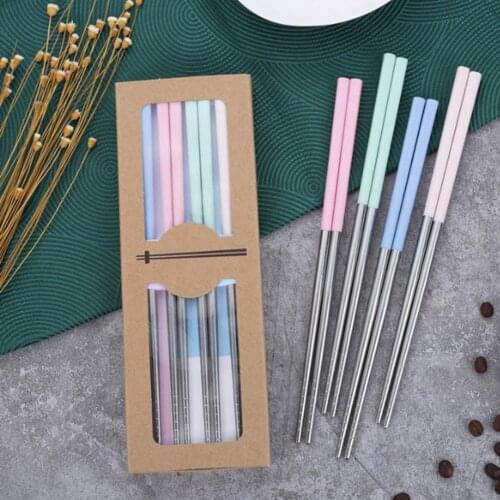 4pair Multicolor Home Kitchen Dishwasher Safe Chopsticks Set Dinner Tableware Stainless Steel Gift Non Slip With Case Reusable