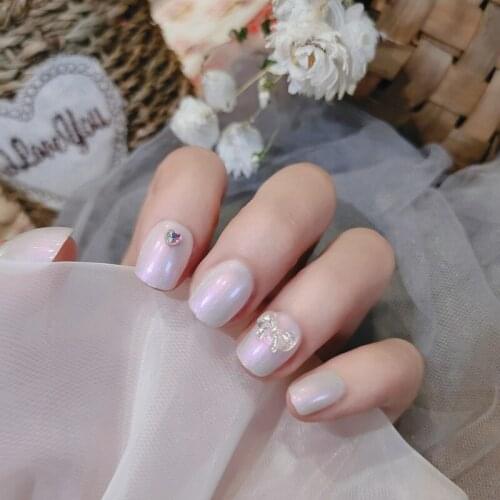 24pcs Grey Purple Aurora Fake Nails Round Head Glue Type Removable Short Paragraph Fashion Manicure Fully Covered Nail Decor