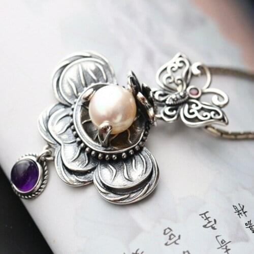 BOCAI 2019 new hand-inlaid natural pearls Amethyst S925 pure Silver pendant for Women Thai Silver pendant womens Pendant