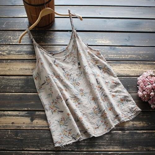 New Summer Vest Top Womens Literary Floral Printed Bottoming Sleeveless Shirt Cotton And Linen Tops Casual Tank Tops Vintage