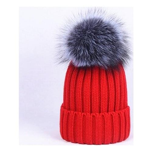 Wholesale Real Detachable Silver Fox Fur Knitted Hat Kids Casual Fur Ball Winter Knitting Beanies girls children Skullies Caps