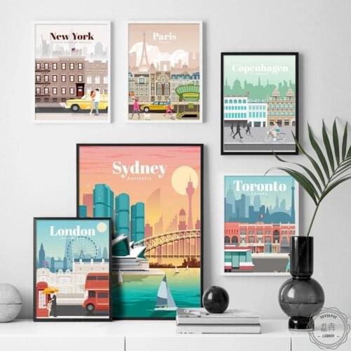 Travel Landscape Poster and Prints Toronto Barcelona Famous City Cartoon Canvas Painting Nordic Wall Art Pictures for Home Decor