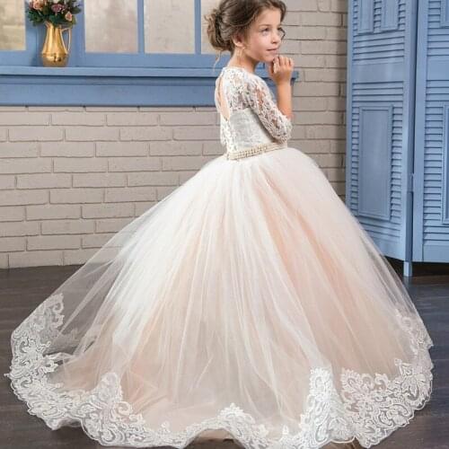 Elegant Flower Girl Dresses Tulle Fluffy Beaded Belt Girls Half Sleeve Lace Applique Dress First Holy Communion Party Dresses