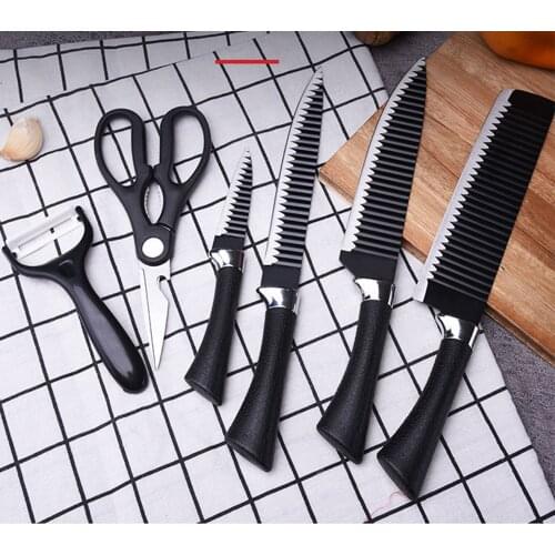 Black Stainless Steel Chef Knife Corrugated Design Non-Stick Knife Gift Boxed Kitchen Knife Set 6 Piece Set
