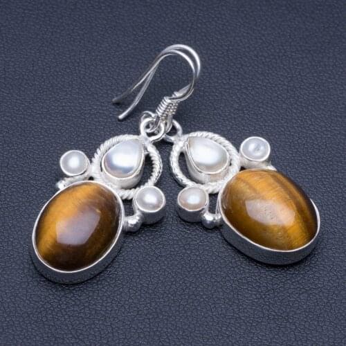 Natural Tiger Eye and River Pearl Unique Punk Style 925 Sterling Silver Earrings 1 3/4" P1721