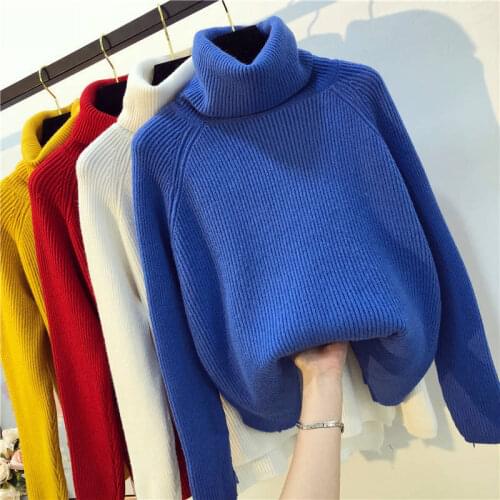 Blue Knitted Pullover Sweaters Women 2021 Korean Warm Turtleneck Long Sleeve Casual Loose Female Knitwear Jumper Autumn Winter