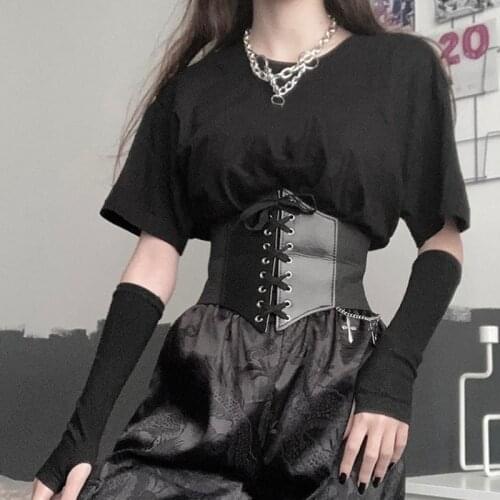 Streetwear Gothic Dark Lace Up Crop Top Women Corset Belt Slim Cummerbunds PU Leather Top Harness Bustier Tops To Wear Out 2021