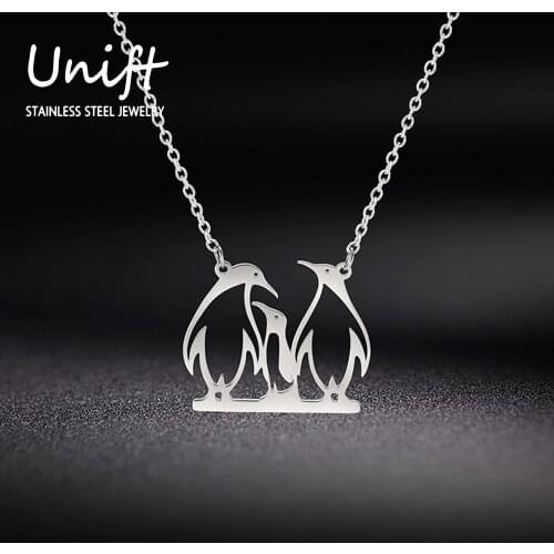 Unift Stainless Steel Animal Chain Pendant Choker Necklaces For Women Cute Penguin Family Pattern Best Gifts To Family Lover