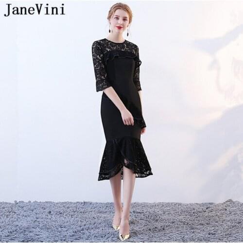 JaneVini Vintage Black Lace Mother of The Bride Dresses 2018 Mermaid Half Sleeve Zipper Back Plus Size Evening Gowns Tea-Length