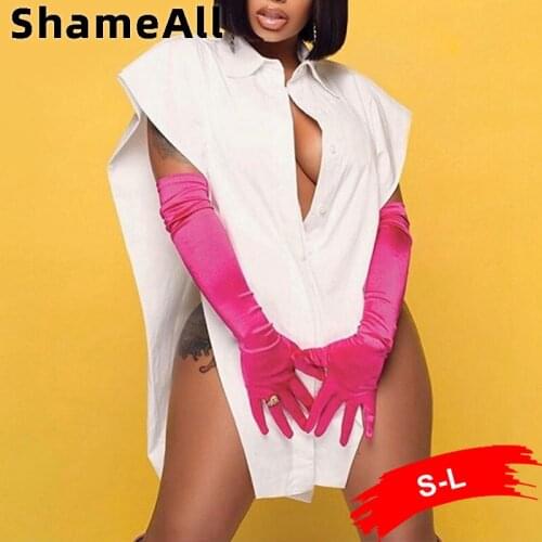 Streetwear Irregular White Cape Sleeve Blouse Women Single Breasted Button Up Sexy Side Hollow Out Casual Loose Blusa Shirt Tops