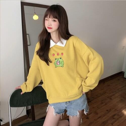 Kawaii Strawberry Frog Sweatshirt Women Cotton Soft Oversized Harajuku Hoody Ladies Casual Pullover Korean Streetwear Hoodies