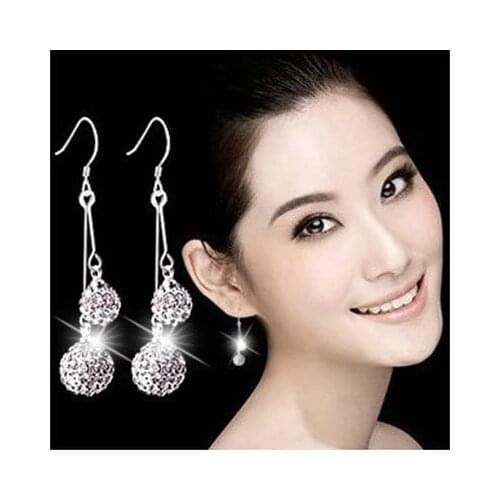 Temperament Female Earrings Tassel Long Silver-plated Earrings Korea Drop Earrings Bridal Accessories Rhinestone Ball Earrings