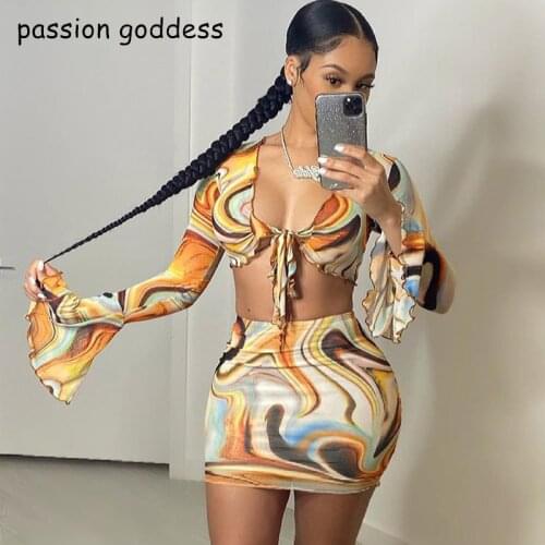 2021 Summer Streetwear Outfits Women Sexy Print Mesh Two Piece Sets Flare Sleeve Lace Up Crop Top Skinny Mini Pencil Skirts Suit