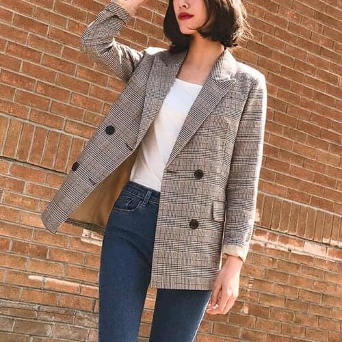 Women Vintage Bouble Breasted Plaid Blazer Pockets Jackets Female Retro Suits Coat Blazers Outerwear
