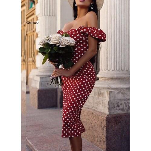 Polka Dot Print Hip Women Dress Off Shoulder Short Sleeve Dress Formal Evening Party Dresses