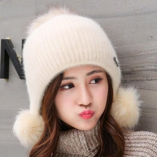 Winter Women Beanies Knitted Cap Female Pure Color Wool Ball Skullies Hat Girl Ear Protection Lovely Thicken Warm Caps H7321