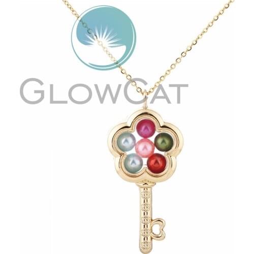 Gold Color Key Pendant Necklace Glass Flower Locket Pearl Cage Pendant 50cm Steel Chain Necklace
