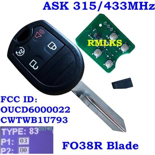 4 Button Smart Remote Head Keyless Car Key For Ford Edge Escape Expedition Explorer With 4D63 Chip 80 Bits CWTWB1U793 433/315Mhz