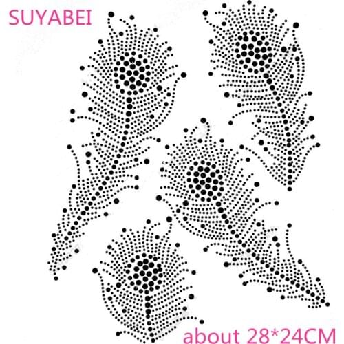 4pc/lot Big feather design stones hot fix rhinestone applique iron on crystal transfers design patches for shirt