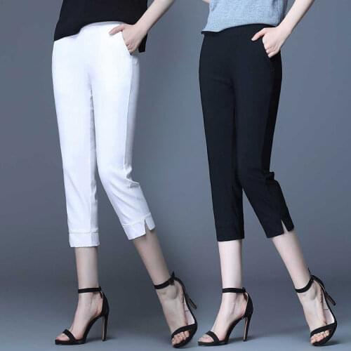 2021 Summer Women Casual Thin Capri Pants Fashion Slim Office Lady High Waist Loose Pencil Pants Black White Plus Size 4XL