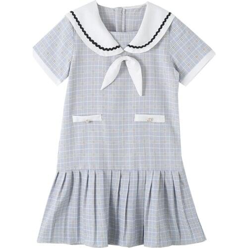 Kids girls summer new short-sleeved dress big virgin casual navy collar pleated skirt